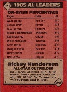 1986 Topps Baseball Card AL All Star Ricky Henderson sk10683