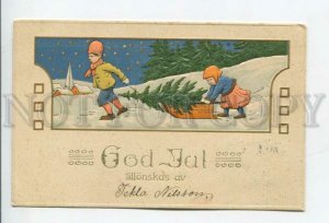 431891 NEW YEAR Kid in Forest ART DECO Vintage EMBOSSED postcard