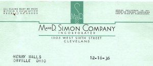 1936 M AND D SIMON CO TYBEST SCARF SINCERE SHIRT CLEVELAND BILLHEAD INVOICE Z576