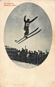 IRONWOOD MICHIGAN~SNOW SKI JUMPING-1909 DAVIS & FEHR PUBL POSTCARD