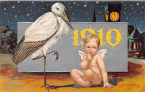 New Year Greetings 1910 Angel Cherub and Stork Vintage Postcard AA72160
