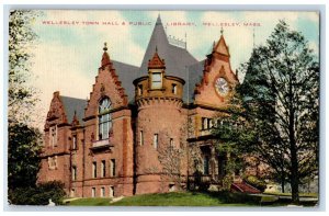 1910 Wellesley Town Hall & Public Library Tower Clock Wellesley MA Postcard