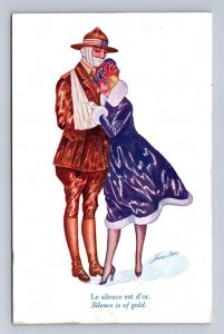 SILENCE IS OF GOLD MILITARY ART DECO XAVIER SAGER ARTIST SIGNED POSTCARD c.1918