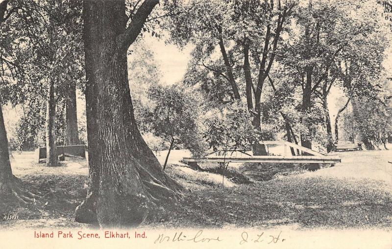 Elkhart Indiana~Island Park Wood Plank Footbridge~Big Trees~1907 B&W Postcard 