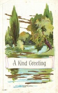 A Kind Greeting Landscape Card Lake Trees Nature Card Vintage Postcard c1920