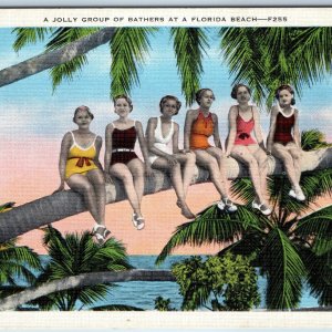 c1920s Florida Jolly Group of Bathers at Beach Palm Tree Linen Women FL Fla A215