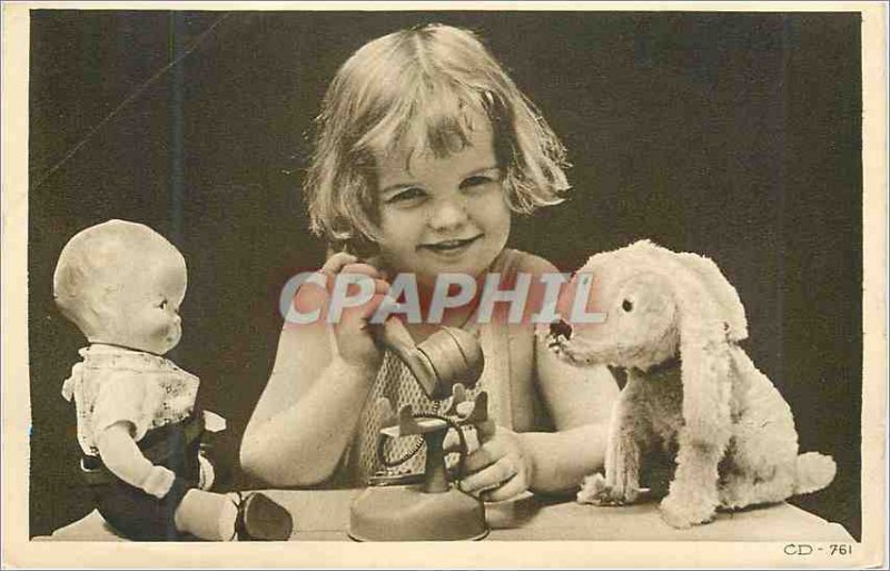 Postcard Old Child Doll Dog Phone