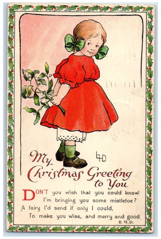 1920 Christmas Greetings Girl Mistletoe Mankato Minnesota MN Vintage Postcard
