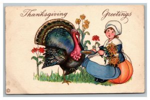 Vintage 1910's Thanksgiving Postcard Cute Girl Giant Pumpkin Feeds Large Turkey