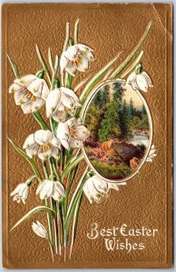 1910's Best Easter Wishes Flower Bouquet Landscape Golden Posted Postcard