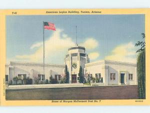 Unused Linen PATRIOTIC USA FLAG AT AMERICAN LEGION BUILDING Tucson AZ d0891