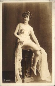 Vaudeville Beautiful Woman Burlesque Outfit on Pedestal Real Photo Postcard