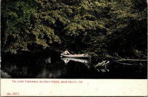 Vtg 1910s Lone Fisherman Fishing on Deer Creek near Delphi Indiana IN Postcard