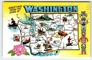 Postcard Greetings From Washington Map Chrome State Totem Pole Horses Vintage