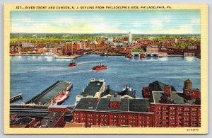 River Front & Camden NJ Skyline From Philadelphia Pennsylvania PA Boats Postcard