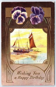 Wishing You A Happy Birthday Sailing Boat In The Ocean Landscaped Postcard