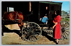 State Greetings~Amish Girls Leaving Shopping Arcola Illinois~Vintage Postcard