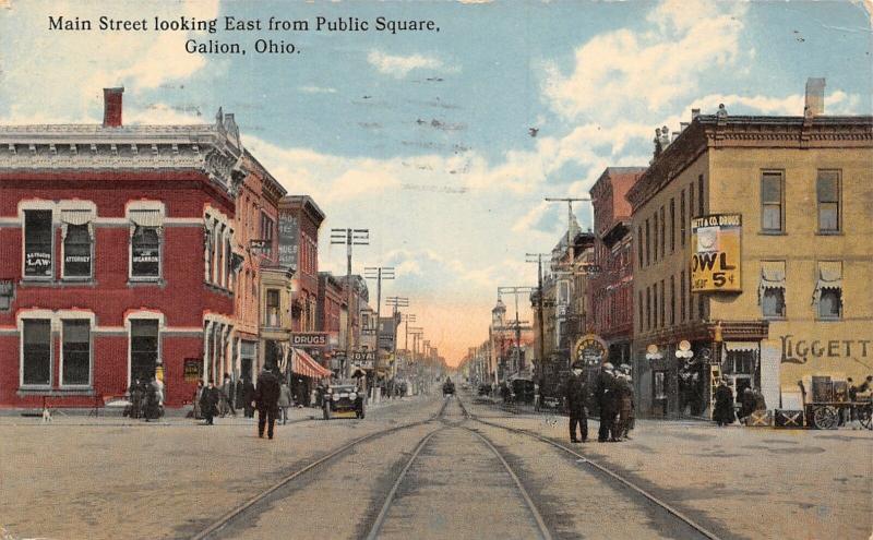 Galion Ohio~Main Street Looking East~Liggett Drug~Owl Cigar~Clock~Attorney~c1912 