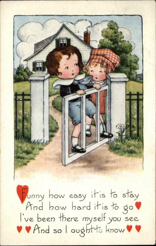 VALENTINE Little Boy and Girl at Gate c1910 Postcard