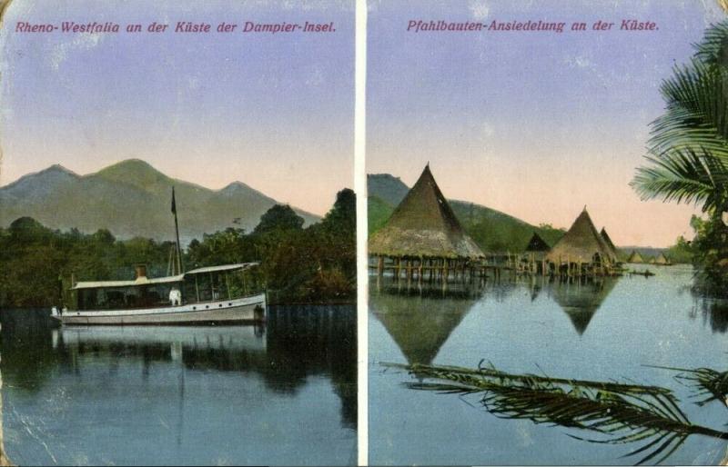 german new guinea, Rheno-Westfalia Boat, Stilt Houses (1918) Mission Postcard