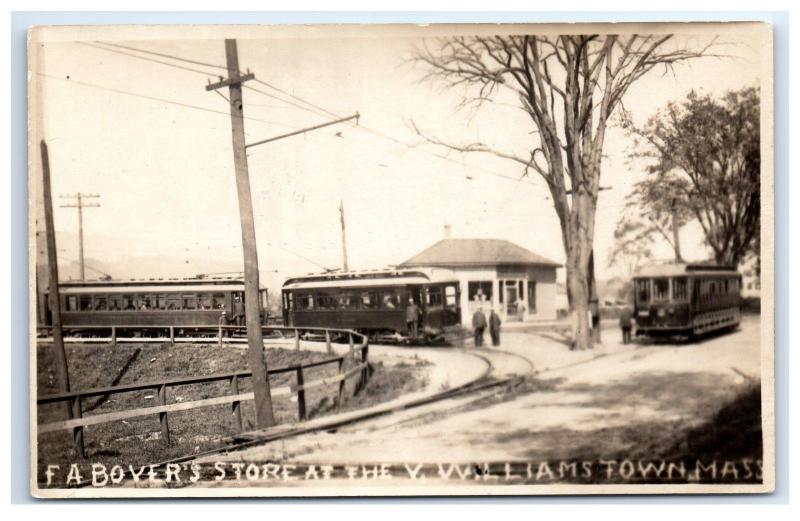 Postcard F A Boyer's Store, Williamstown, MA trolley cars AZO 1904-1918 RPPC B4