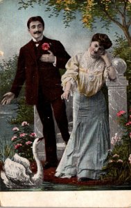 Romantic Couple With White Swan 1907