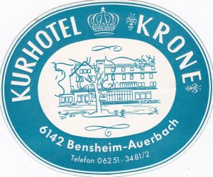 Germany Bensheim Auerbach Kurhotel Krone Vintage Luggage Label sk2052