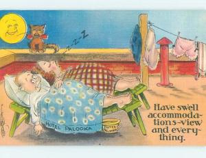 Linen comic signed KITTEN CAT WATCHES COUPLE SLEEPING ON HOTEL ROOF HL3472@