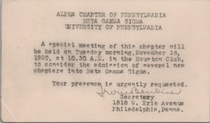 Postcard Alpha Beta Gama Sigma University Pennsylvania  1920 Philadelphia PA