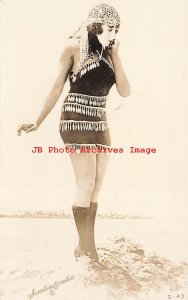 Mack Sennett, RPPC, Bathing Beauty Actress in Costume on the Beach