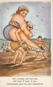 .Training for the Olympic Games  Risque humour Belgian vintage ppstcard