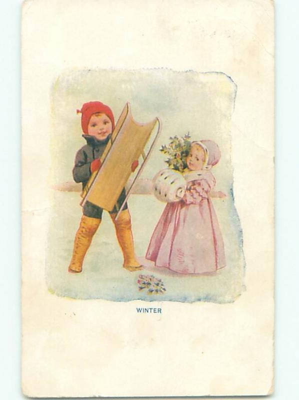 Pre-Linen BOY WITH SLED & GIRL WITH HAND WARMER AC1409