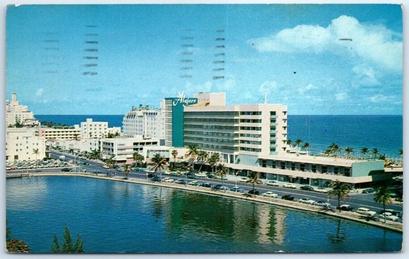 Postcard - Lake Pancoast, with beautiful Algiers Hotel - Miami Beach, Florida