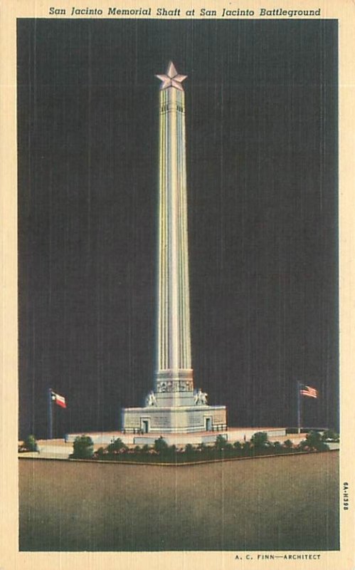 San Jacinto Texas Memorial Shaft Night View Linen Postcard Unused