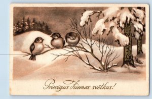 Latvia Postcard Christmas Song Birds Winter Trees c1910's Posted Antique