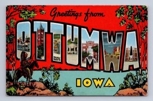 GREETINGS FROM OTTUMWA IOWA INDIAN HORSE LARGE LETTER POSTCARD (c. 1940s)