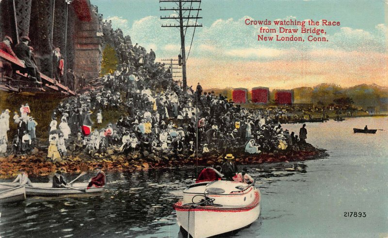 Crowds Watching Race from Draw Bridge, New London, CT., Early Postcard, Unused 