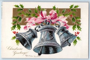 Christmas Postcard Greetings Ringing Bells And Holly Berries Nash Embossed c1905
