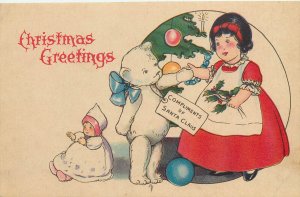 Christmas Postcard Teddy Bear Compliments Of Santa Claus Greets Girl Stecher 734