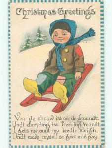 Pre-Linen christmas BOY RIDES ON TOBOGGAN SLED J1616