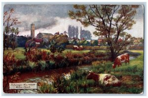 1925 Ox Scene, Picturesque Wiltshire Wilton Church Oilette Tuck Art Postcard