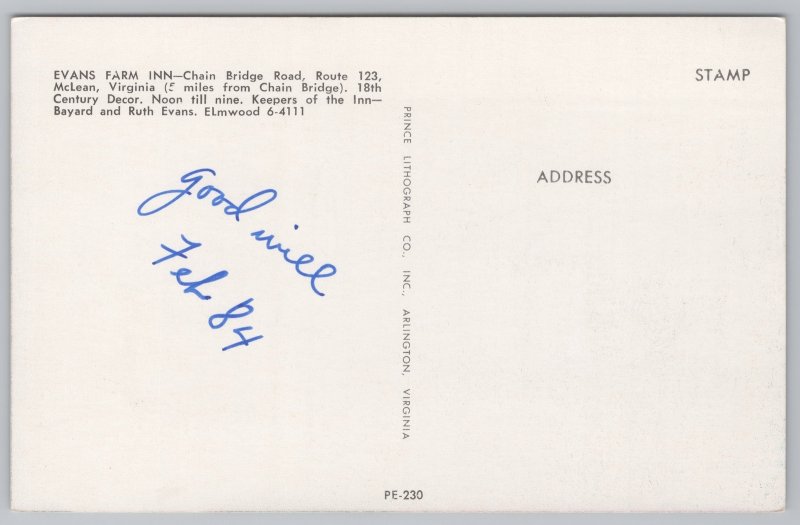 State View~McLean Virginia~Evans Farm Inn Interior~Vintage Postcard