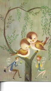 Couple in love. Birds in treeModern Spanish, artist signed, postcard