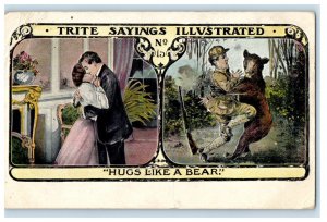 c1910's Hunting Bear And Sweet Couple Hug Romance Embossed Antique Postcard 