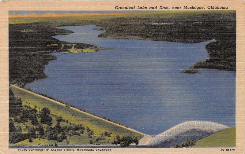 MUSKOGEE OKLAHOMA GREENLEAF LAKE AND DAM POSTCARD 1940s