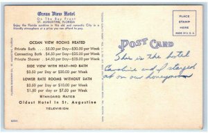 ST AUGUSTINE, FL Florida ~ Roadside OCEAN VIEW HOTEL c1940s Linen Postcard