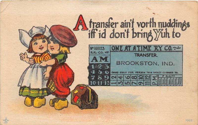 D90/ Brookston Indiana In Greetings from Postcard 1917 Railroad Ticket Dutch