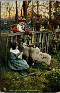 Vtg 1906 Have Some Milk Baa Baa Bottle Feeding Lambs Sheep Raphael Tuck Postcard