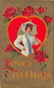 D37/ Valentine's Day Love Holiday Postcard 1910 Gold Woman Umbrella Roses 20