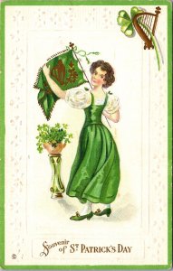 St. Patrick's Day Postcard Celtic Harp Woman Wearing Green Dress Shamrocks Flag